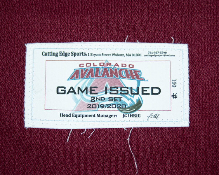 Colorado Avalanche 2019-2020 game worn tagging Colorado Avalanche 2019-2020 game worn tagging